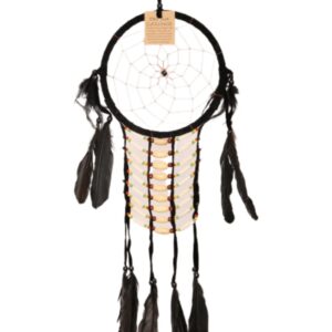 Dromenvanger veren leer 16cm - zwart met houten kralen