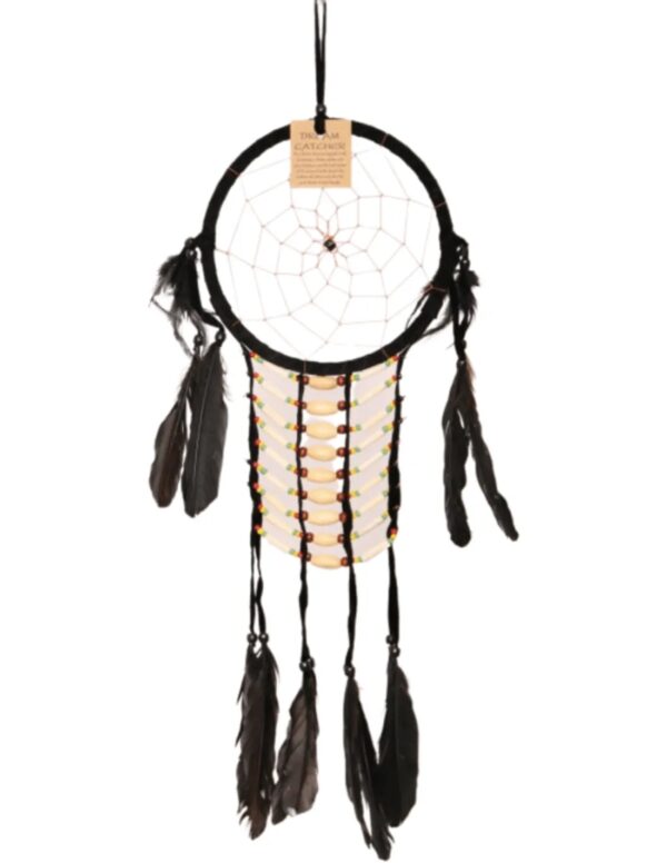 Dromenvanger veren leer 16cm - zwart met houten kralen