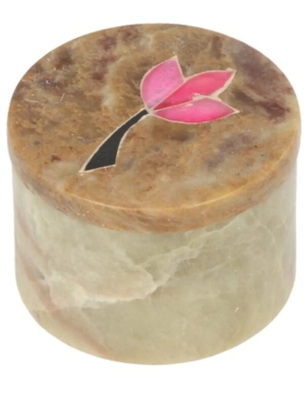 Speksteen doosje rond bloem 4,5 cm