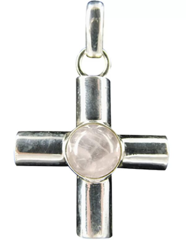 Roze kwarts hanger in zilver breed kruis