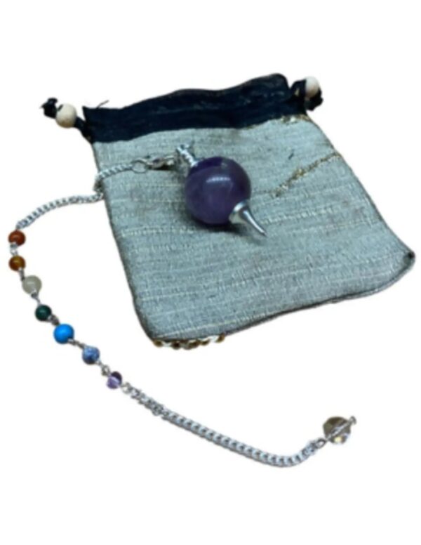 Pendel met ronde Amethist en een ketting met 7 kleine chakra's edelstenen - met gratis buideltje - Pendelen - spiritueel - nr.31